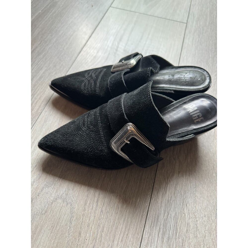 Paige Womens Size 6 Black Suede Western Buckle Bohemian Kensington Mules Heels - Picture 4 of 10